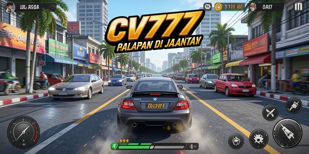 Screenshot CV777 menampilkan aksi balapan yang mendebarkan di jalanan yang sibuk.