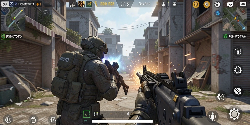 Tangkapan layar gameplay FOMOTOTO dengan aksi tembak-menembak yang seru.