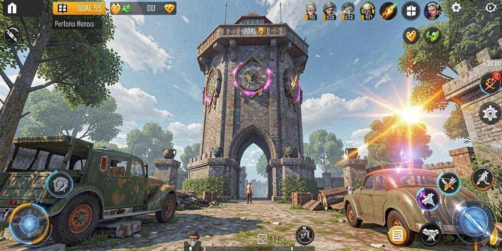Screenshot dari gameplay GOAL55 yang menunjukkan menara bertahan melawan serangan musuh.