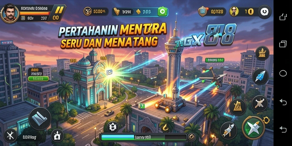 Tampilan gameplay GX88 dengan strategi menara yang seru.
