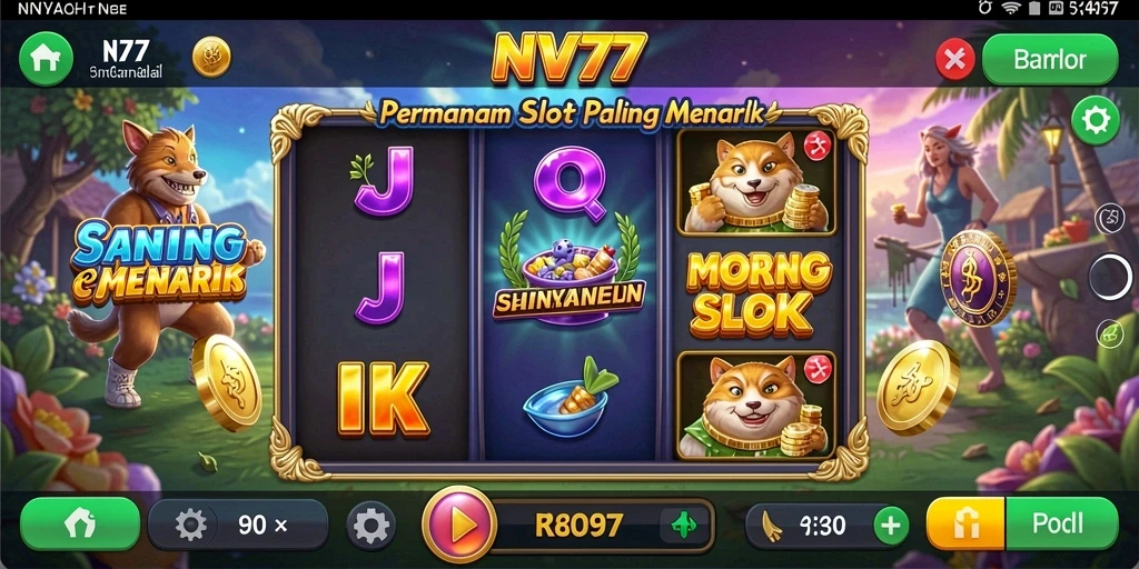 Screenshot gameplay NV77 menampilkan gulungan slot yang menarik dan penuh warna.