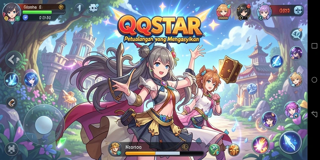 Screenshot gameplay QQSTAR menampilkan pertarungan seru dalam dunia Anime yang penuh warna.