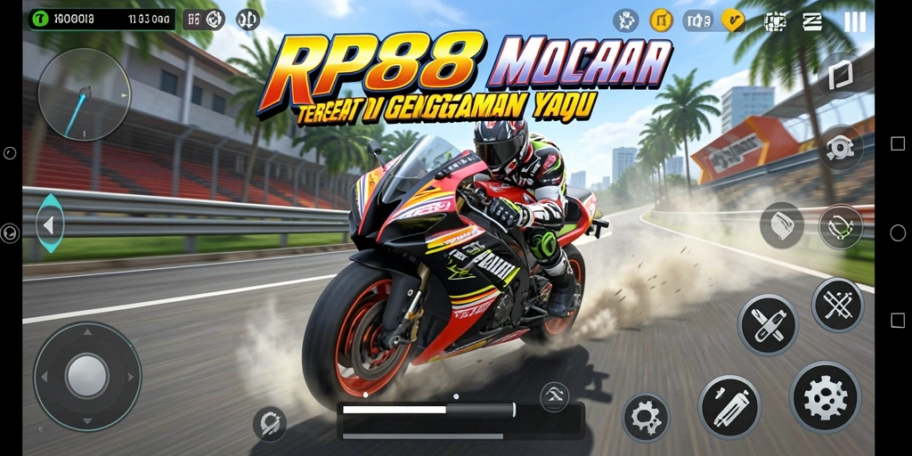 Tampilan gameplay RP888 dengan balapan motor yang seru dan mendebarkan.