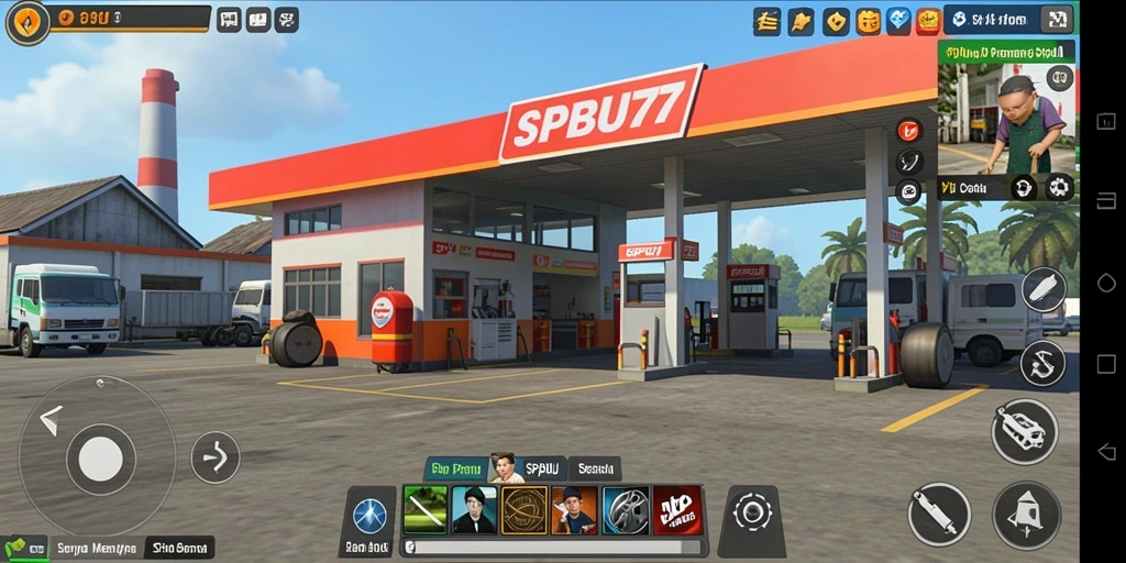 Screenshot gameplay SPBU77 menampilkan aktivitas sibuk di stasiun pengisian bahan bakar.